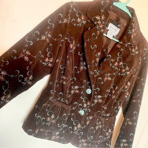 live a little brown teal embroidered button up blazer floral details corduroy